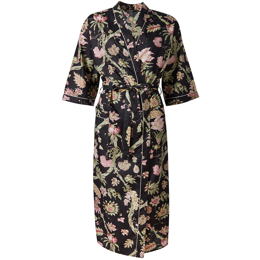Handprinted Cotton Kimono - Black Floral - Natural Collection Select