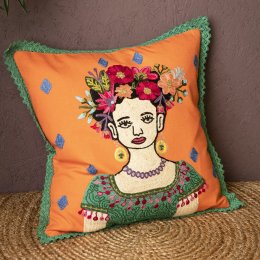 Ian Snow Orange Embroidered Lady in Jade Dress Cushion Cover