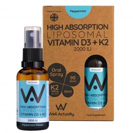 Well Actually High Absorption Liposomal Vitamin D3   K2 2000IU Oral Spray - Peppermint - 30ml