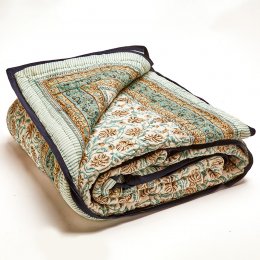 Block Printed Teal Floral Padded Quilt - 220cm x 270cm