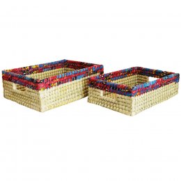 Grass & Recycled Sari Rectangle Baskets - Set of 2