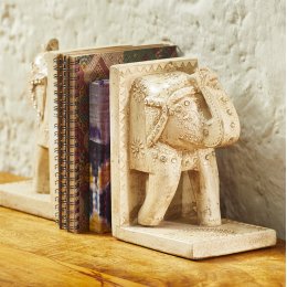 White Wooden Elephant Bookends