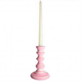 Hand Carved Mango Wood Candlestick - Pink - 15cm