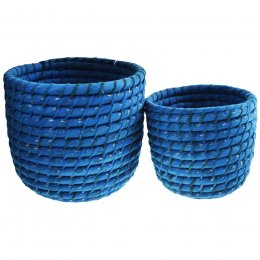 Grass & Recycled Sari Indigo Round Baskets - Set of 2