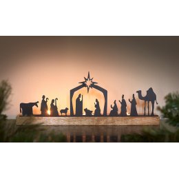 Metal Nativity Tealight Holder with Wooden Base