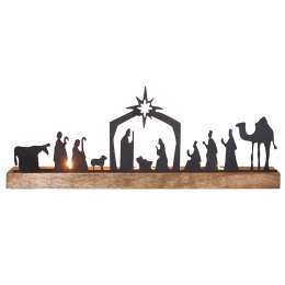 Metal Nativity Tealight Holder with Wooden Base