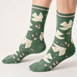 Thought Floral Birds Organic Cotton Crew Socks - Eucalyptus Green - UK4-7