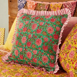 Sanganeri Block Printed Cushion Cover - Sea Green