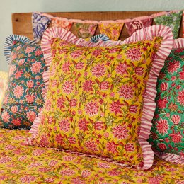Sanganeri Block Printed Cushion Cover - Yellow