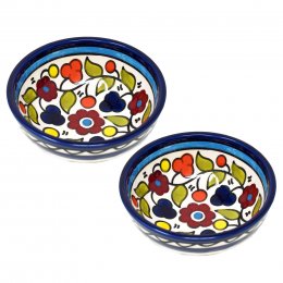 Floral Colourful Hand Painted Ceramic Dipping & Spice Bowls - Navy - Set of 2