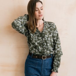Lily & Me Kit Ruffle Blouse - Brushstroke Blooms - Dark Olive