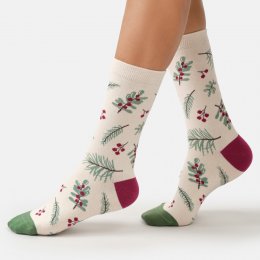 Thought Evergreen Berry Sprig Bamboo Crew Socks - White - UK 4-7