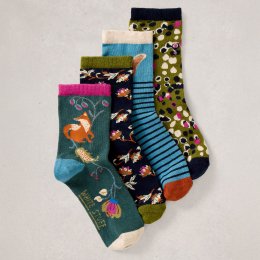 White Stuff Organic Garden Animal Socks - Green - 4 pairs