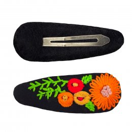 Embroidered Floral Hair Clips - Black