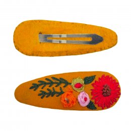 Embroidered Floral Hair Clips - Mustard