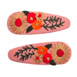 Embroidered Floral Hair Clips - Pink