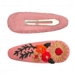 Embroidered Floral Hair Clips - Pink