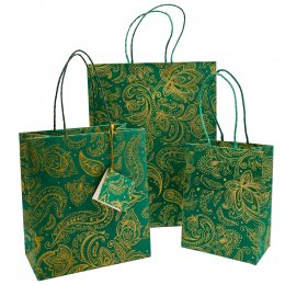 Fair Trade Green Paisley Lokta Gift Bags - Set of 3