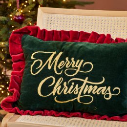 Merry Christmas Embroidered Velvet Cushion - Green
