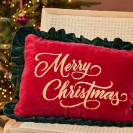 Merry Christmas Embroidered Velvet Cushion - Red