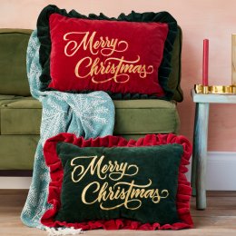 Merry Christmas Embroidered Velvet Cushion - Red