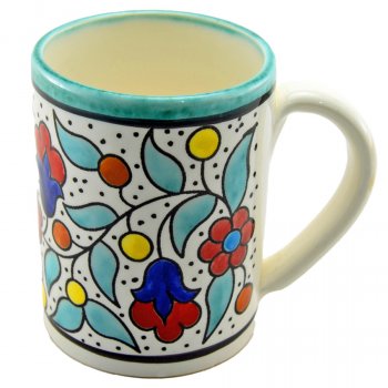 Floral Bright Hand Painted Ceramic Large Mug - Turquoise